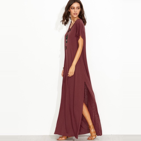 Loose Side Slits Burnout Knit Maxi Dress Burgundy - Picture 2 of 7